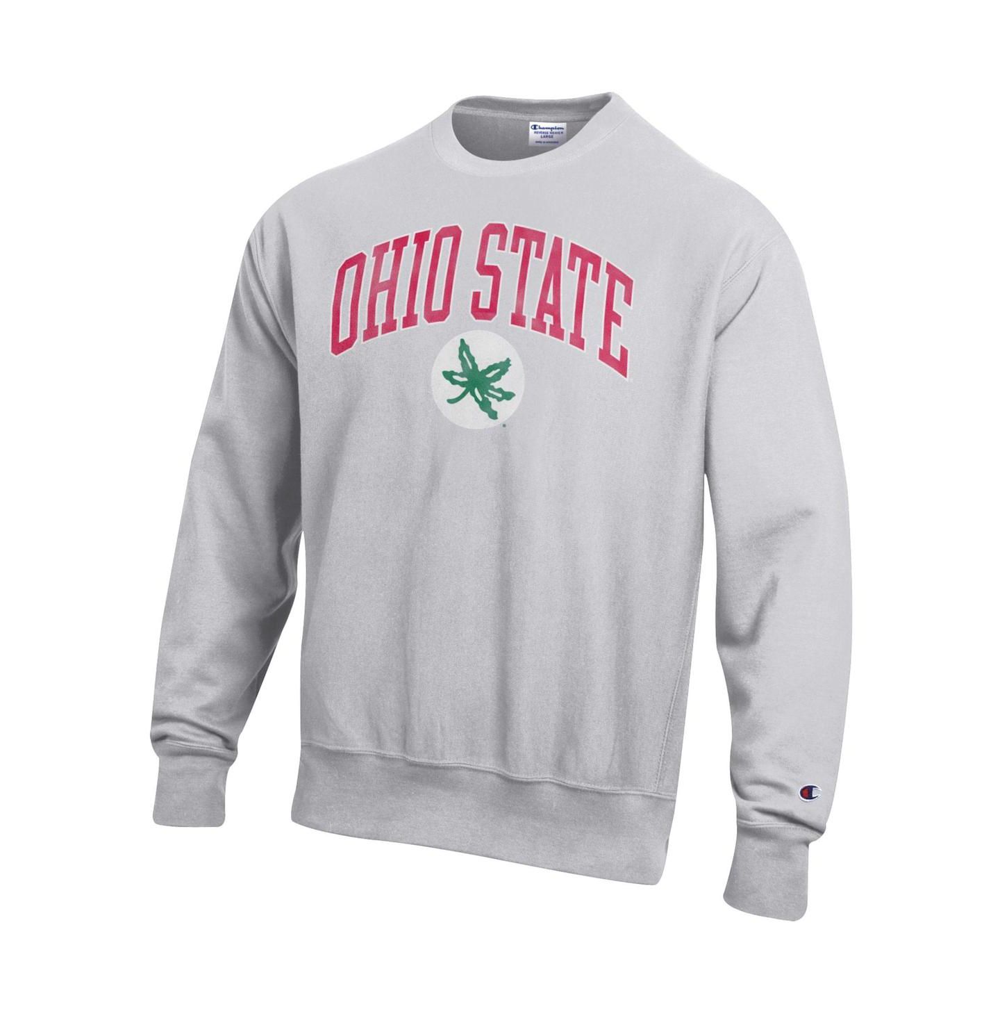 Мужская толстовка Champion Gray Ohio State Buckeyes Distressed Arch Over Logo Reverse Weave Crew Neck — фото 3
