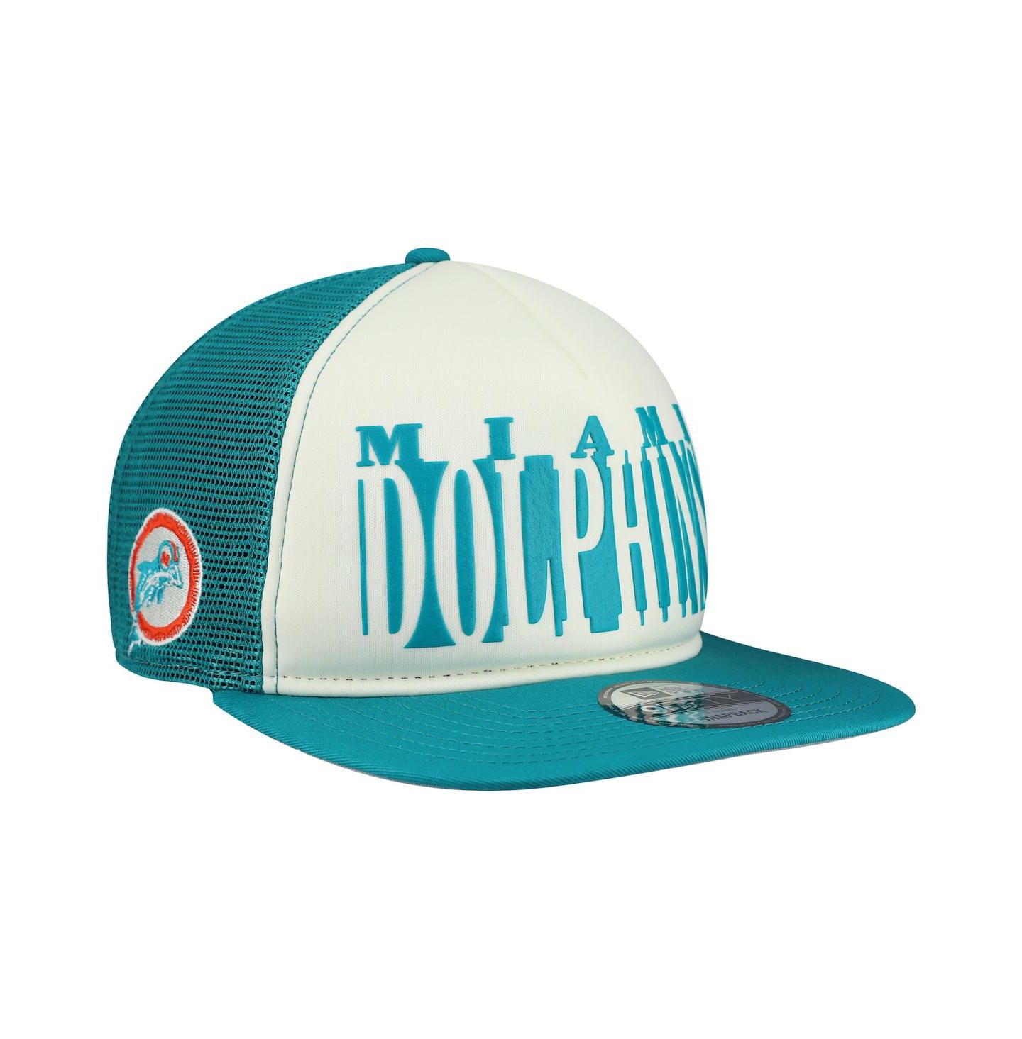 Мужская кепка New Era Cream/Aqua Miami Dolphins Throwback Cutout A-Frame 9FIFTY Snapback Hat — фото 1