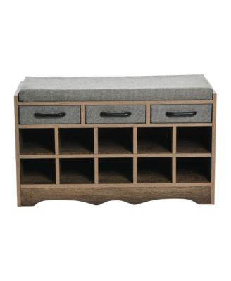 Entryway Storage Bench with Drawers, Shoe Compartments and Cushioned Seat in Ashwood Rustic Wood Grain