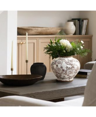 Brown Floral Wide-Mouth Waterproof Ceramic Vase, 8.66" Round Indoor Home Decor