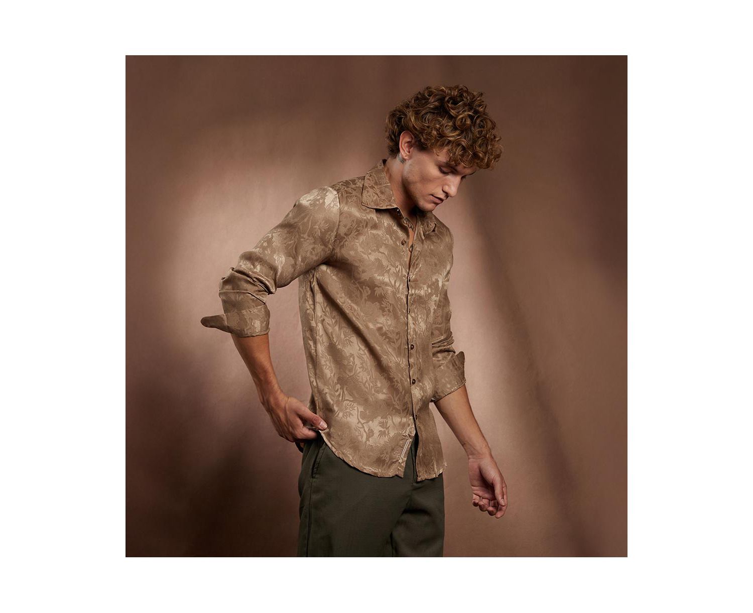 Men's Peanut Brown Flora-Textured Shirt