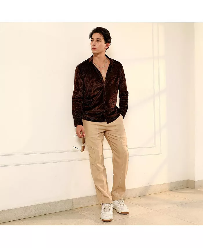Men's Chocolate Brown Solid Velvet Shirt - thumbnail 5