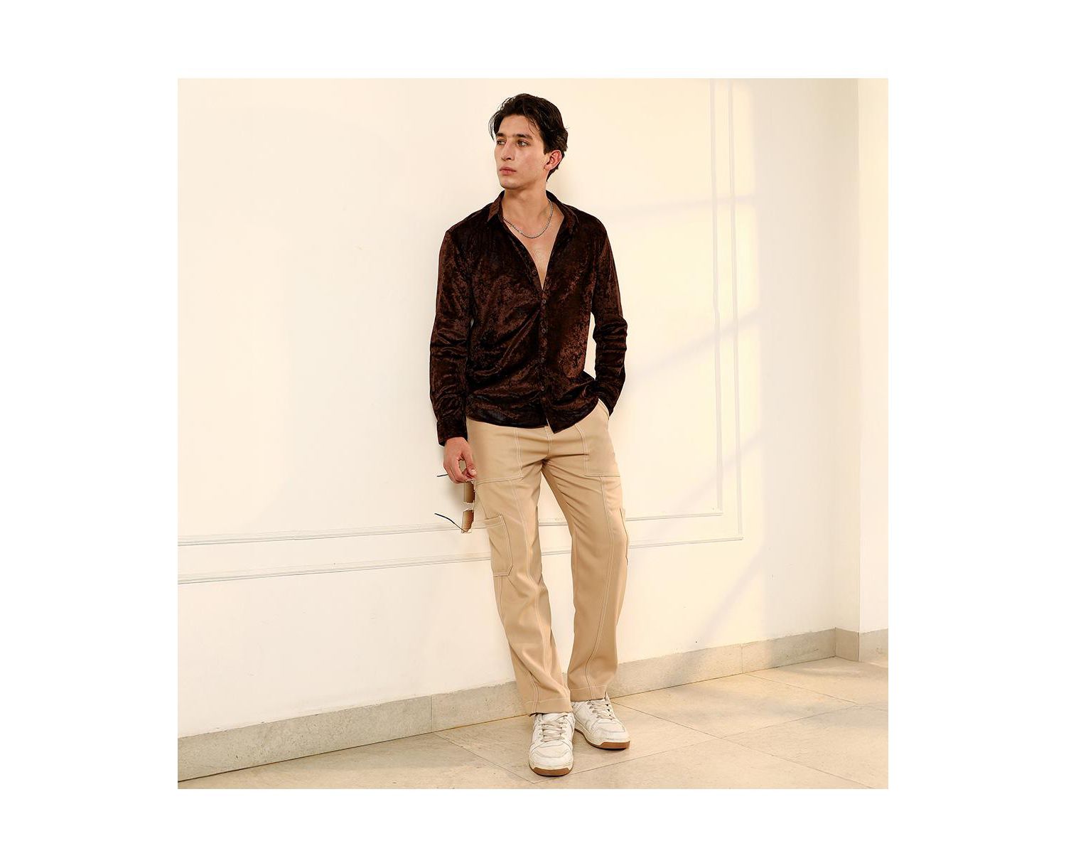 Men's Chocolate Brown Solid Velvet Shirt