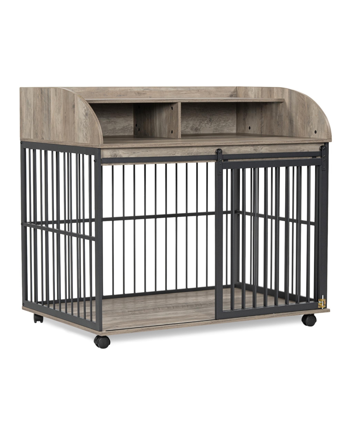 Airsurfer 44 Inch Heavy Duty Large Dog Crate Furniture Wooden Dog Kennel with Lockable Wheels End Table Crate Double Layer Storage Gray