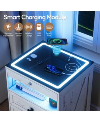 Smart LED Nightstand  Wood  3-Color Lights  Drawers & Charging Station