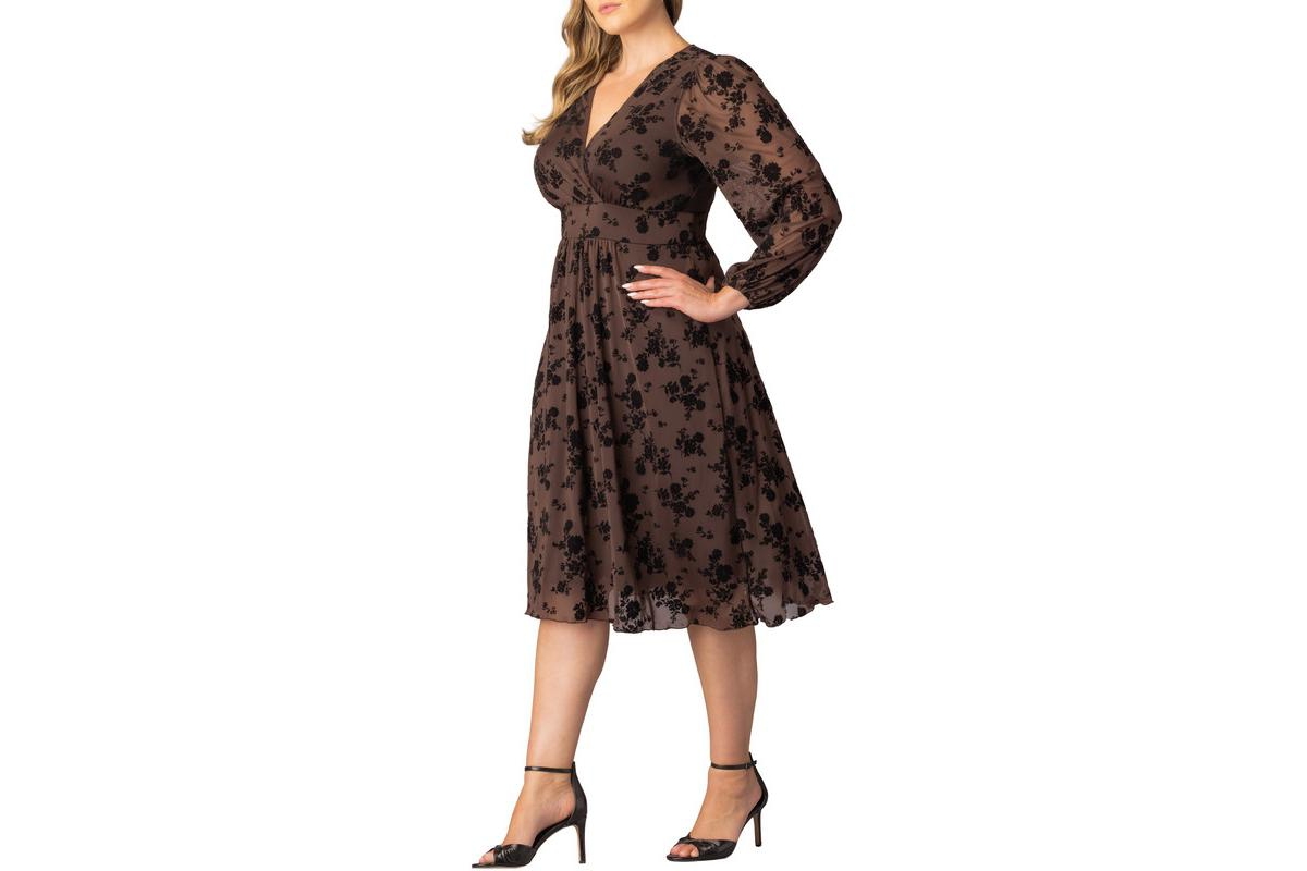 Kiyonna Plus Melanie Long Sleeve Mesh Midi Cocktail Dress