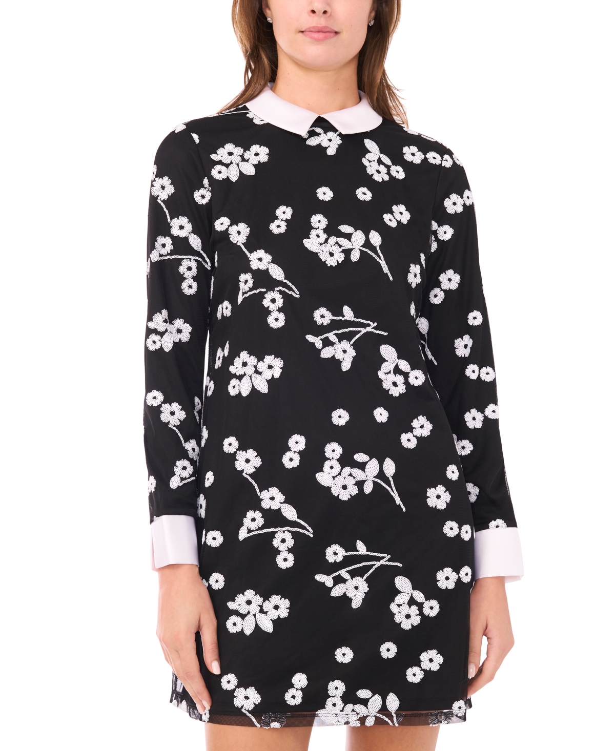 Cece Women's Sequin Long-sleeve Detail Floral Printed Mini Dress In Black
