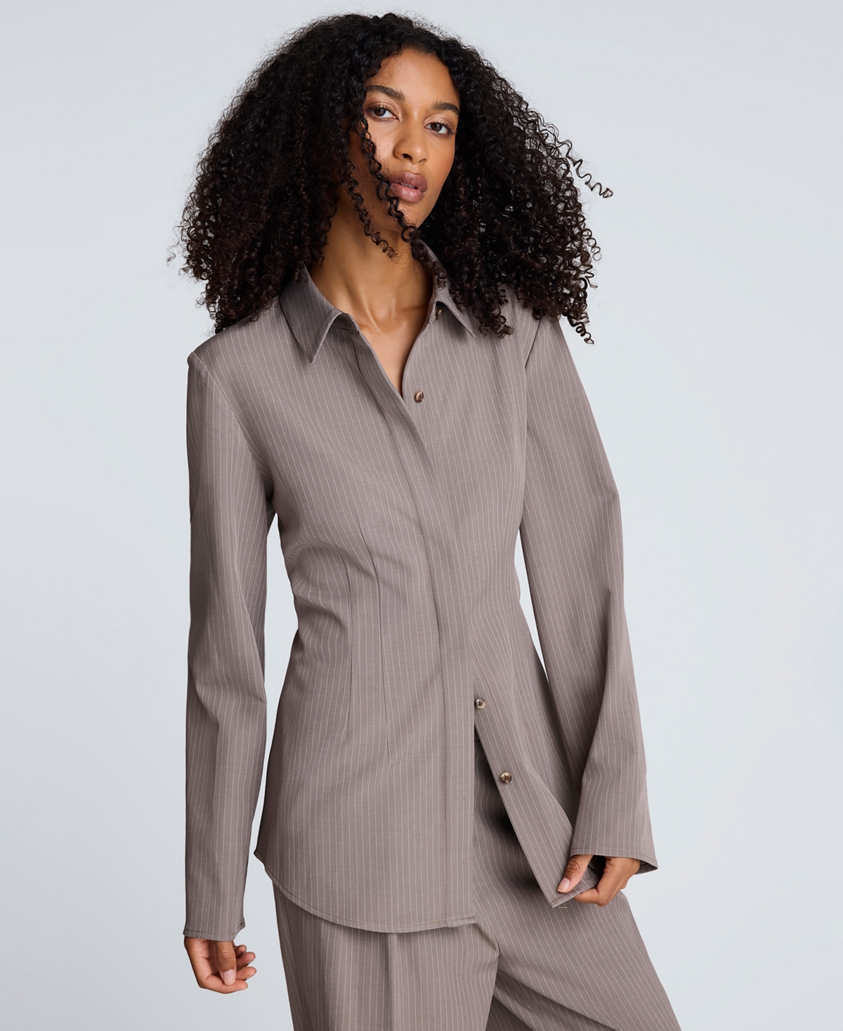 Kenneth Cole Pinstripe Fitted Blouse With Straight Sleeves In Gray