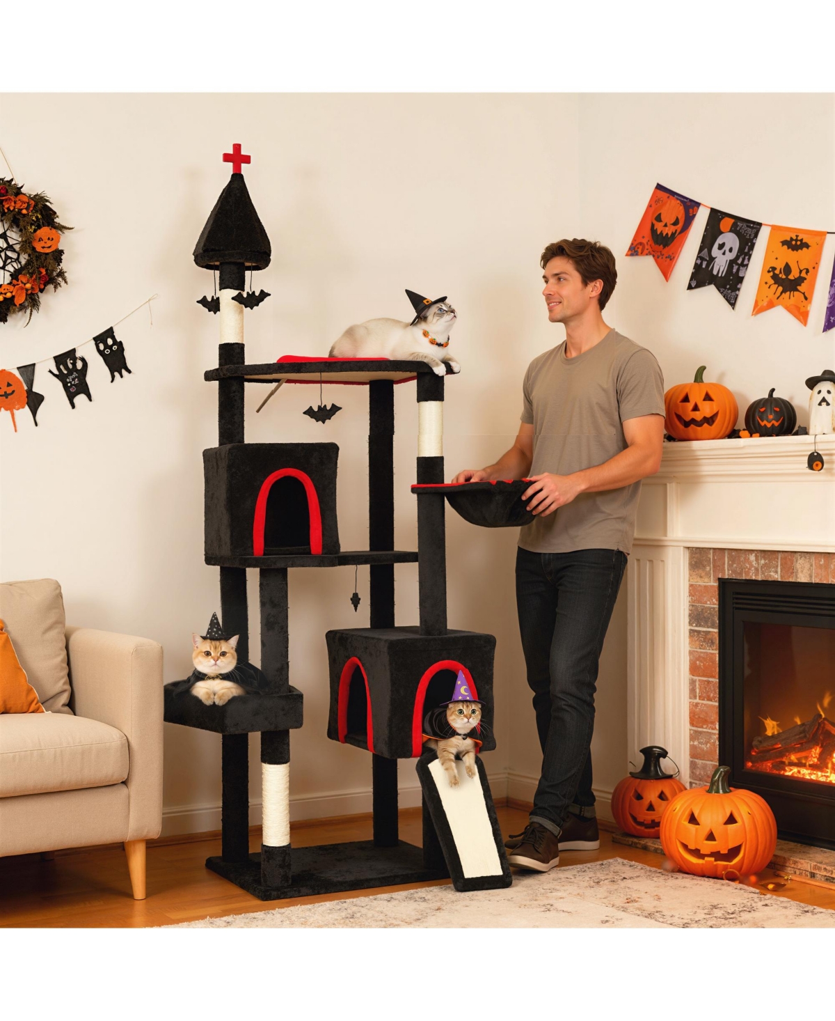 PawHut Gothic Cat Tree, 78" Cat Tower with Coffin Bed, Halloween