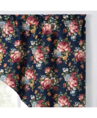 Ellis Bella Rose Stylish Medium Scale Printed Floral Pattern 1.5" Rod Pocket Tailored Swag 56"x36" Navy