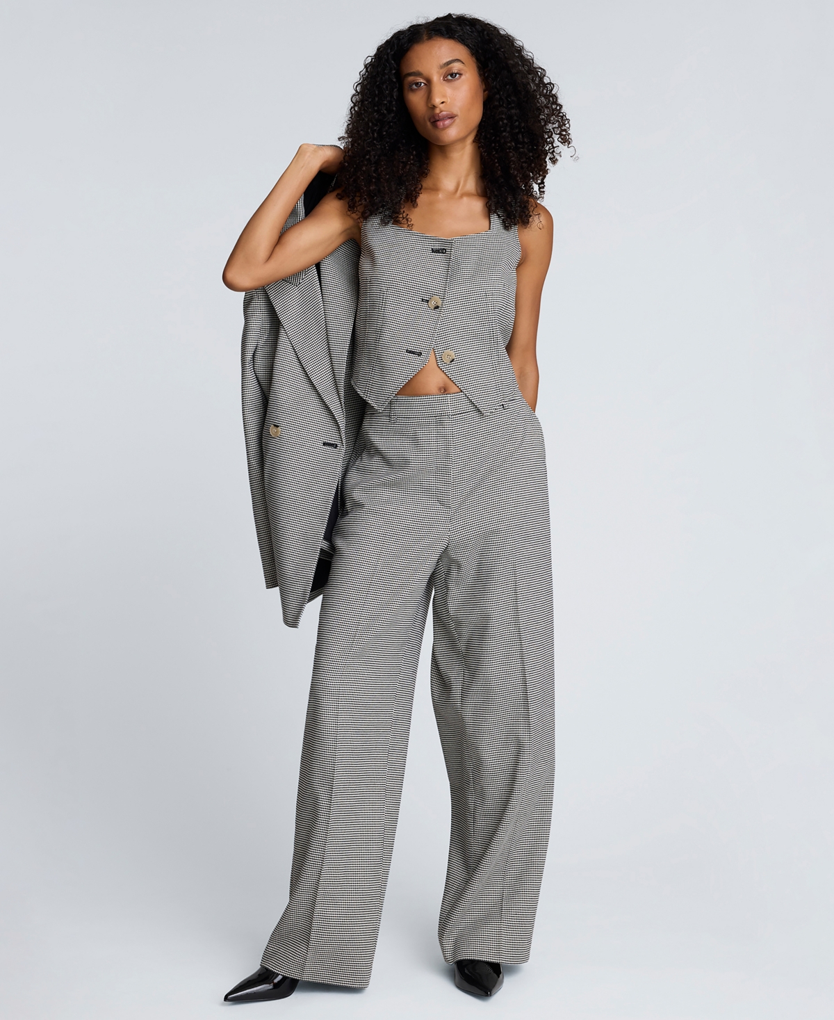 Kenneth Cole Women's Houndstooth Cropped Fitted Bodice Vest In Gray