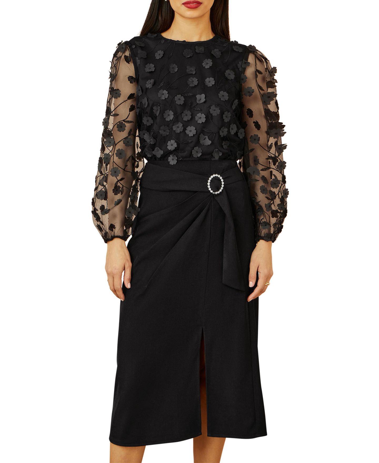 Женский топ Yumi Long Sleeve Sheer Floral, цвет: Чёрный — фото 7