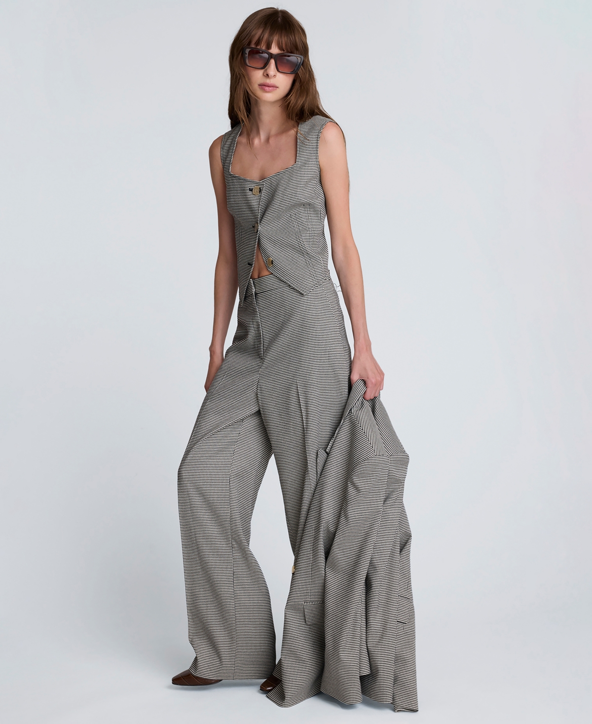 Kenneth Cole Women's Houndstooth Boyfriend Wide Leg Pants In Gray