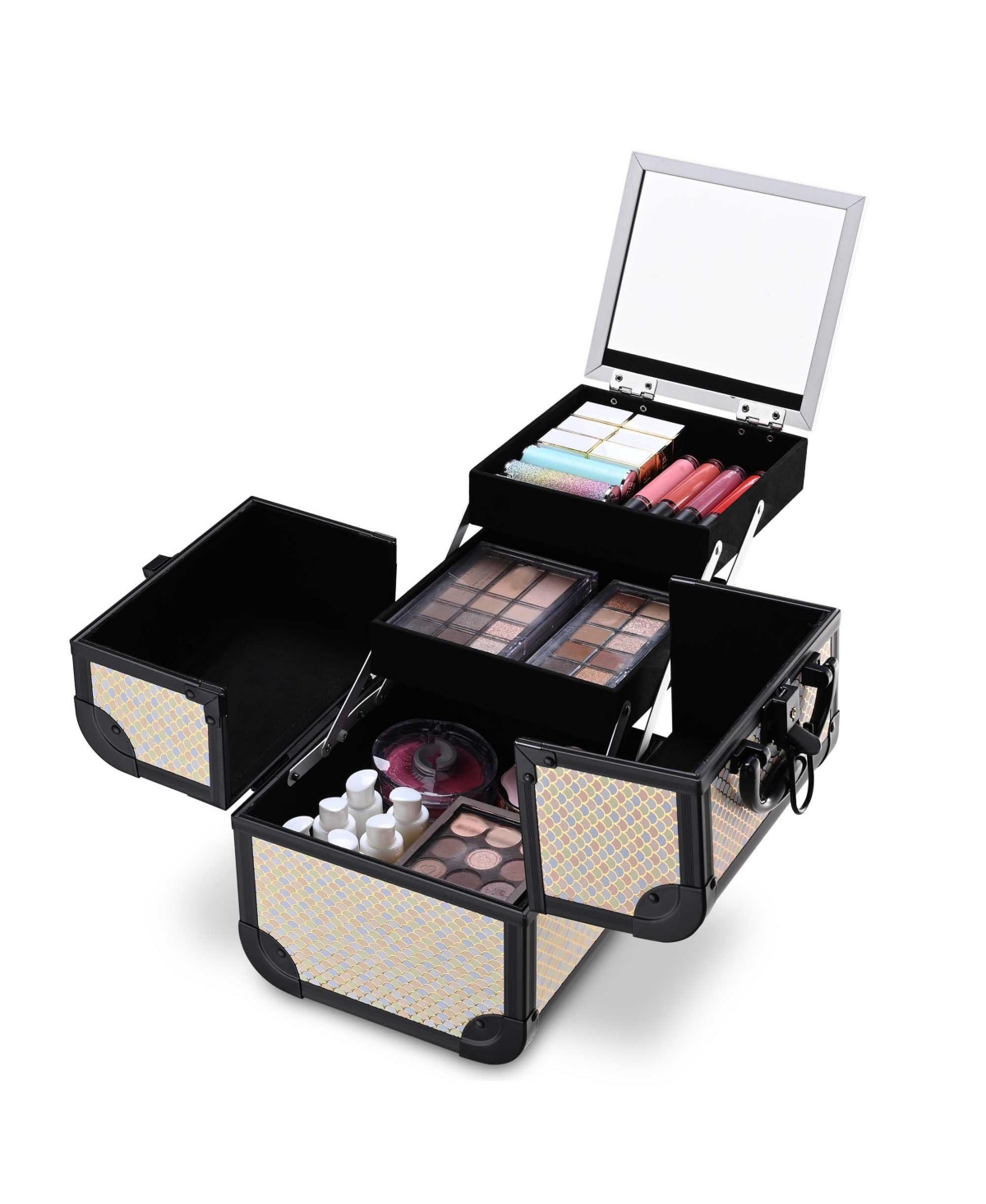 Byootique Makeup Train Case with Mirror Cosmetic Box Organizer Art Deco Pastel