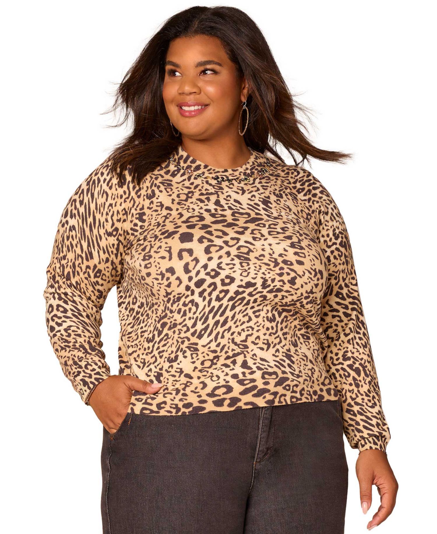 Plus Long Sleeve Sequin Printed Sweater