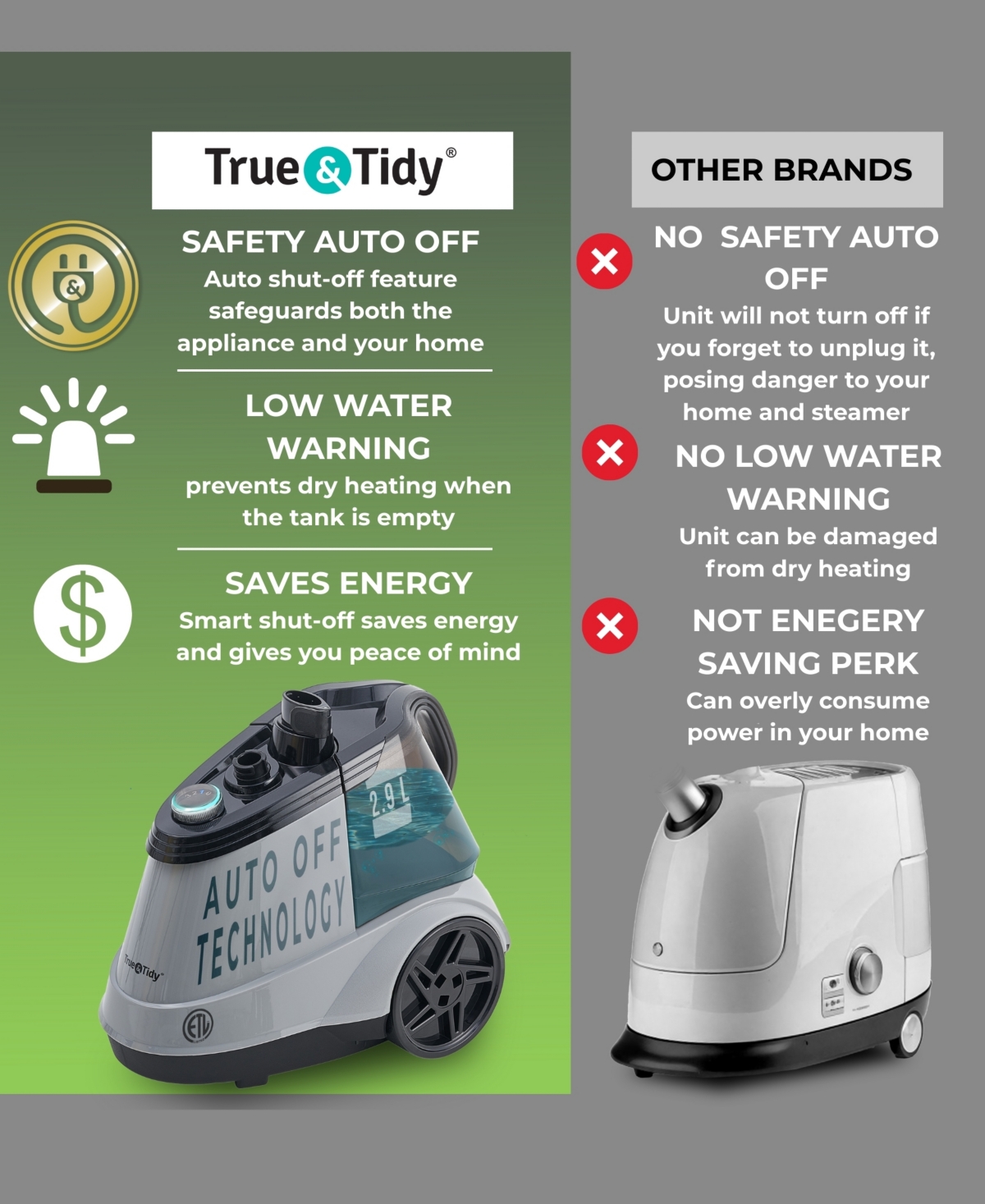 True & Tidy Heavy Duty Intelligent Auto Shut-Off 66" Garment Steamer