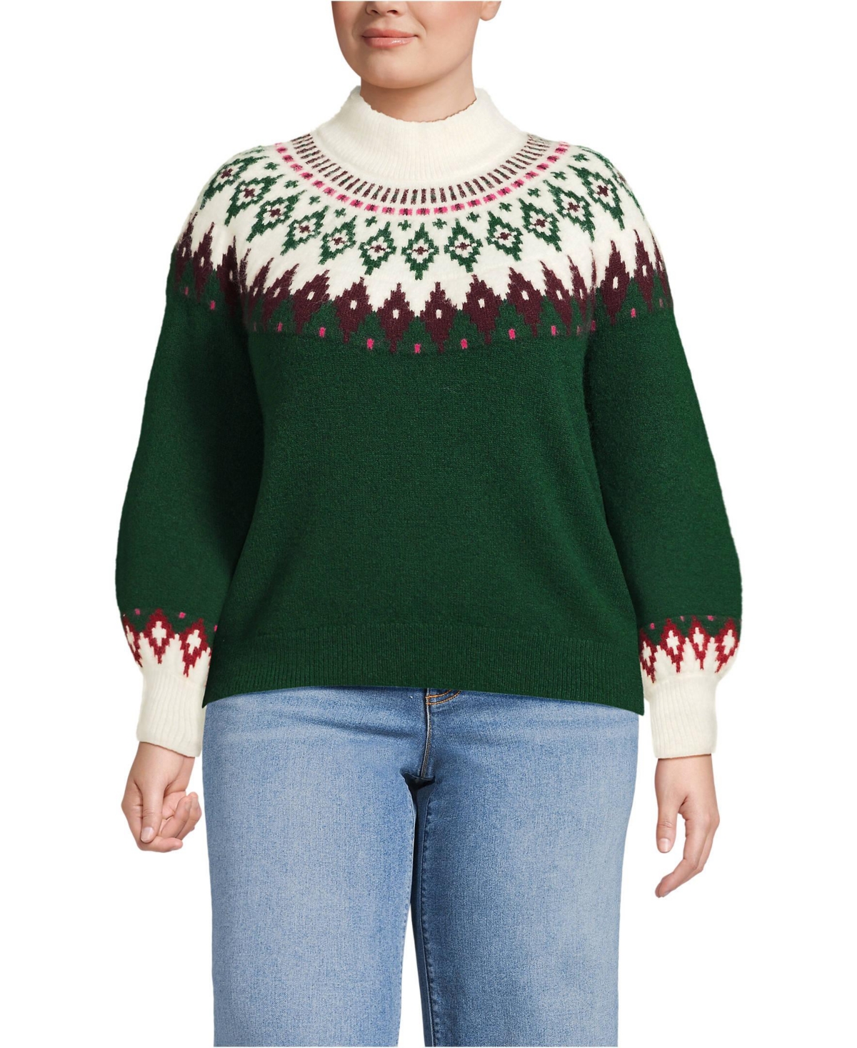 Lands' End Plus Fuzzy Turtleneck Lantern Sleeve Jacquard Sweater