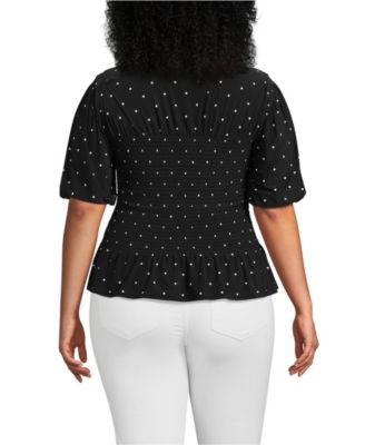 Plus Size Bubble Sleeve Silky Knit Smocked Mock Neck Top