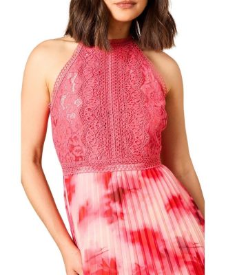Women's Printed Lace Mix Halterneck Midi Dress