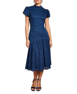 Women's Lace Frill Sleeve High Neck Midi Dress