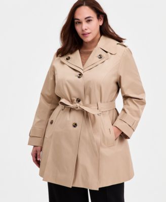 Plus Size Single-Breasted Hooded Belted Trench Coat