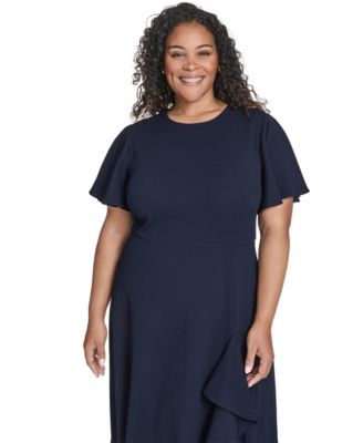 Plus Size Flutter Sleeve Round Neck Midi Dress