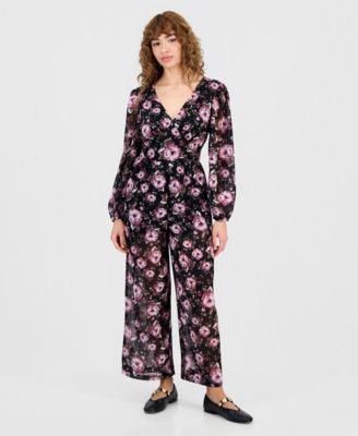 And Now This - Petite Floral V-Neck Long-Sleeve Jumpsuit