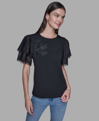 KARL LAGERFELD PARIS - Women's Ruffled Crewneck Floral Top