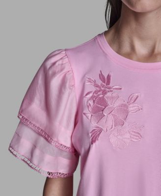 Women's Ruffled Crewneck Floral Top