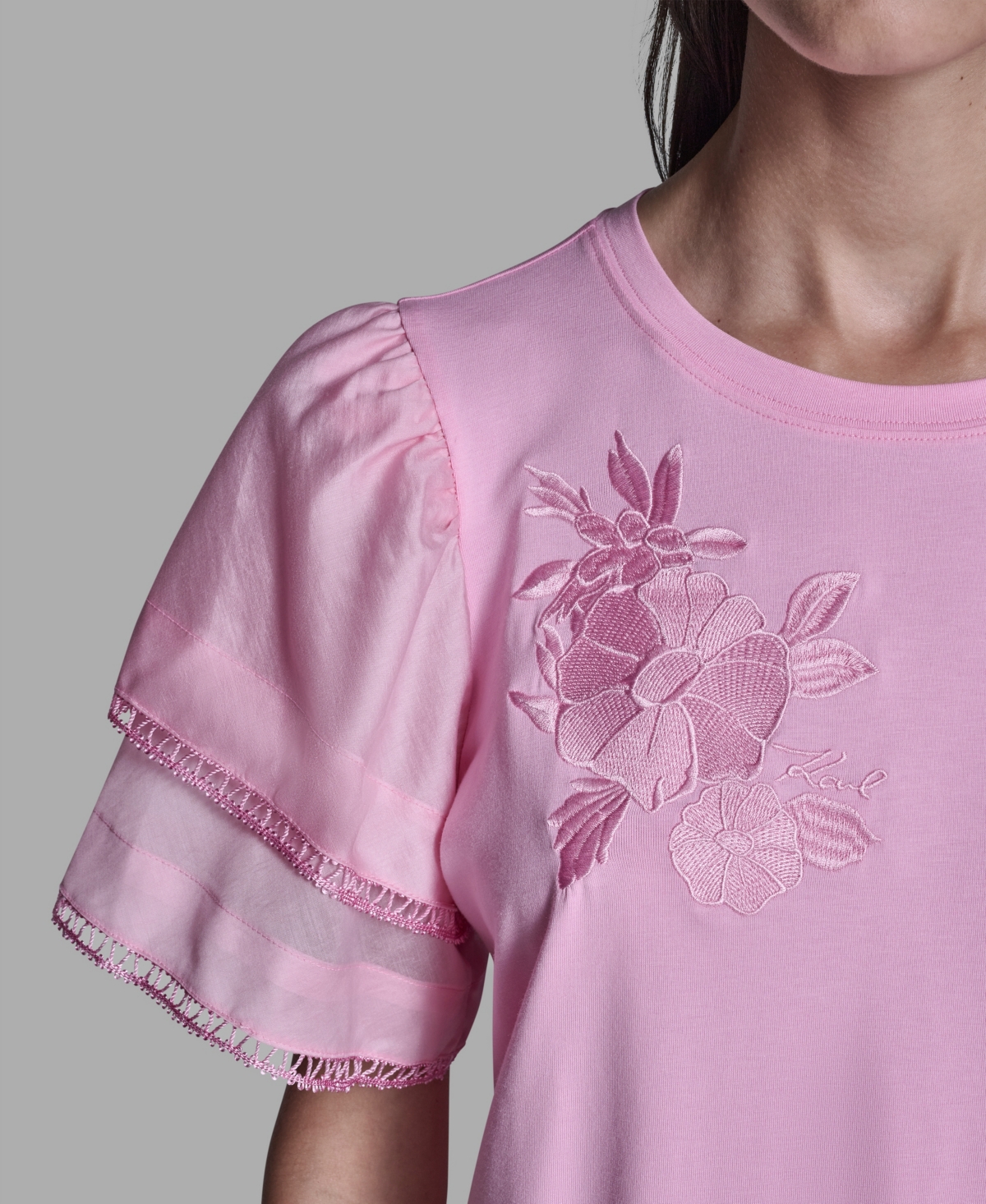 Karl Lagerfeld Floral Knit Flutter Sleeve Top In Pink