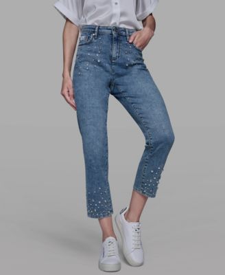 KARL LAGERFELD PARIS - Women's Embellished Mid Rise Ankle Jeans