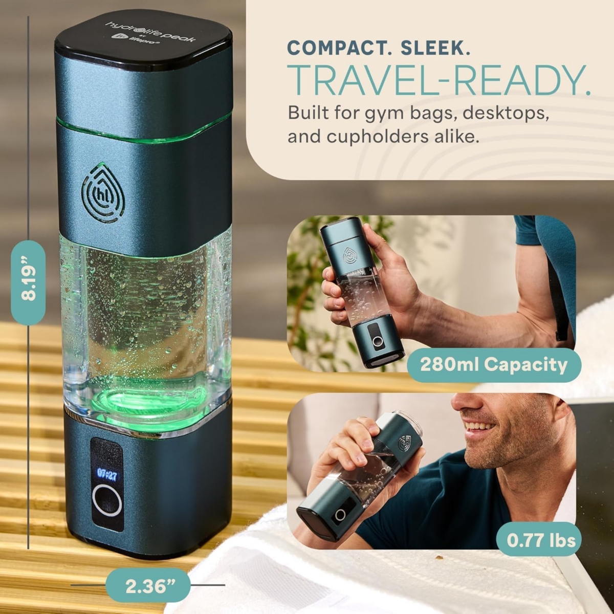 Lifepro HydroLife Peak 280ml Hydrogen Water Bottle with Spe/Pem Tech, Oled Display & Usb-c Charging