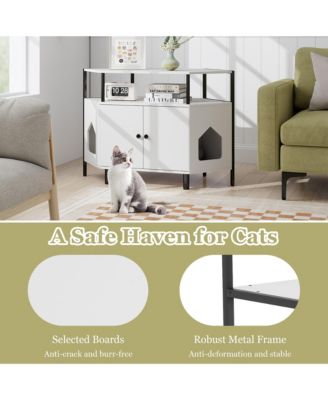 Corner Cat Litter Box Enclosure End Table w/ Open Shelf 2 Entries Double Doors
