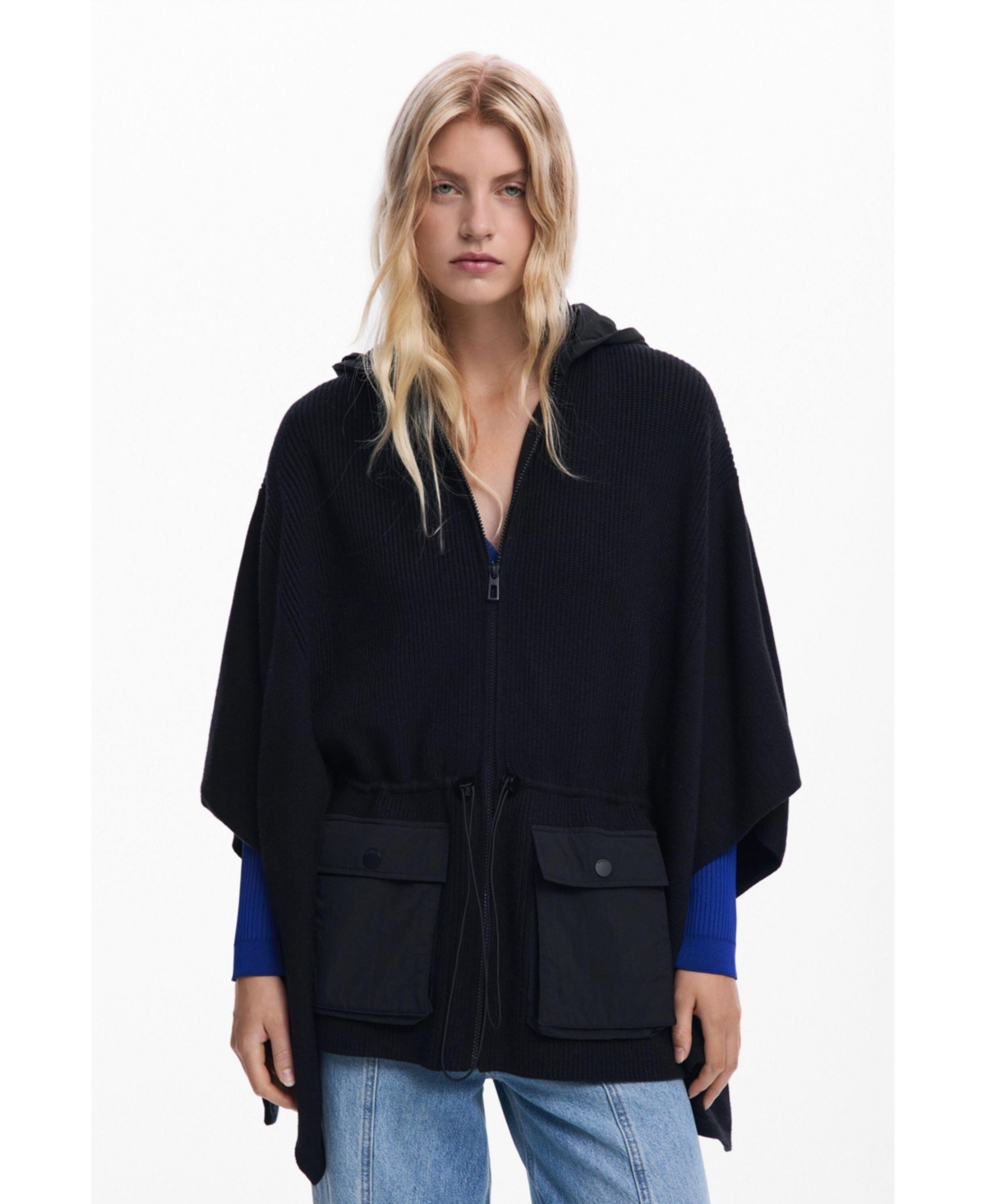 Desigual Women's Poncho With Hood And Pockets In Black