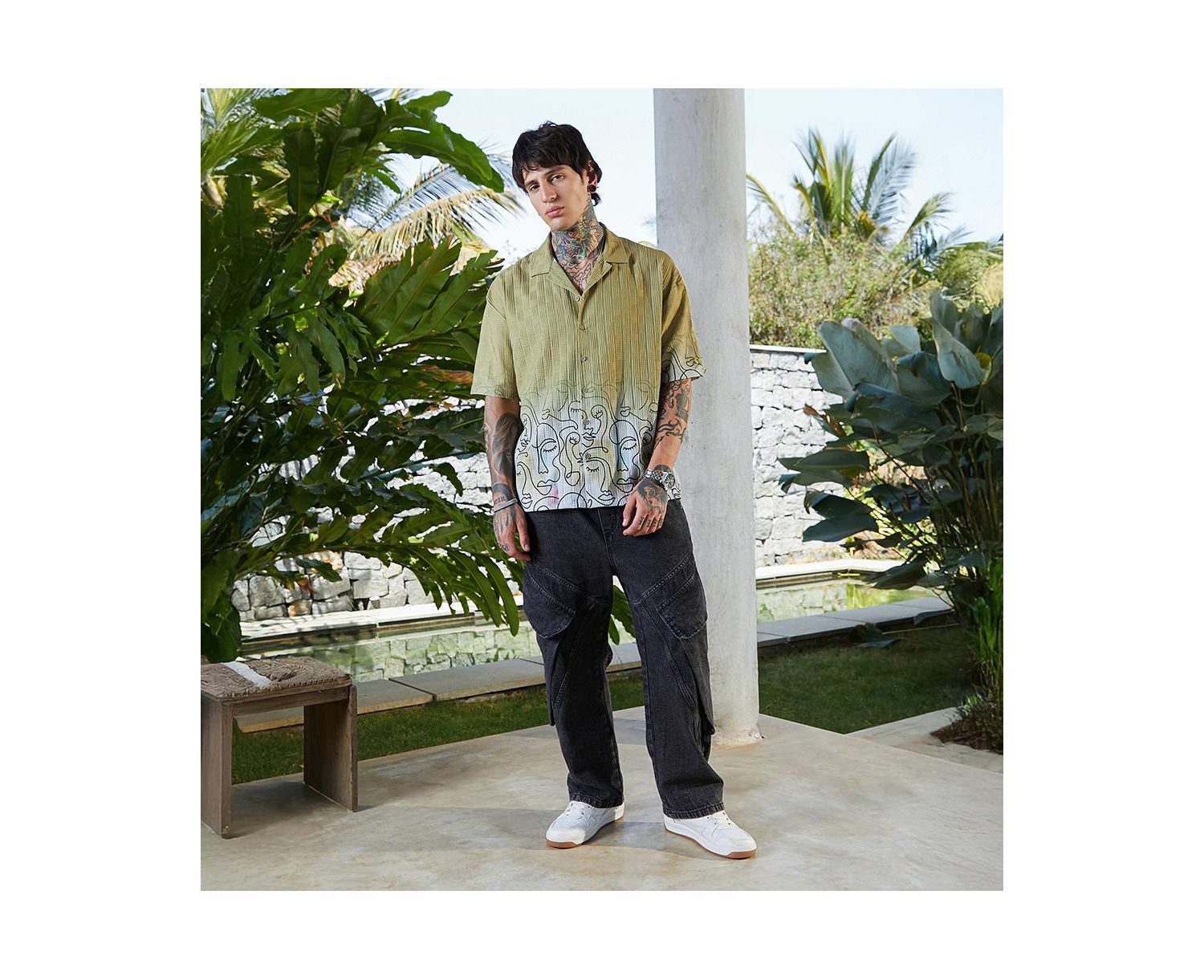 Men's Pistachio Green Faces-Ombre Oversized Shirt