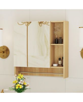 1Pc Wall-Mounted Mirror Cabinet with 4 Compartments, Towel Rack & Adjustable Shelves – Bathroom Medicine Organizer