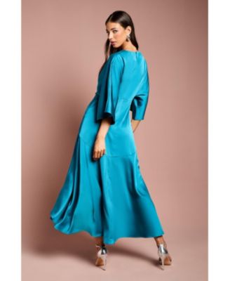 Women's Satin Crepe Ruffle Wrap Midi Dress