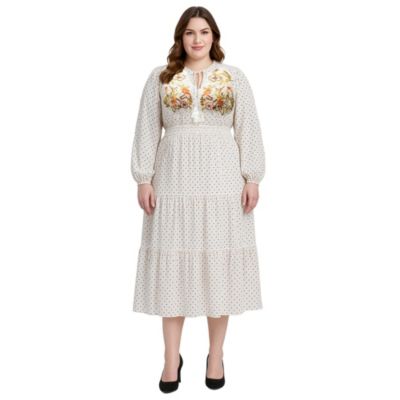 Plus Size Printed And Embroidered Long Sleeve Maxi Dress
