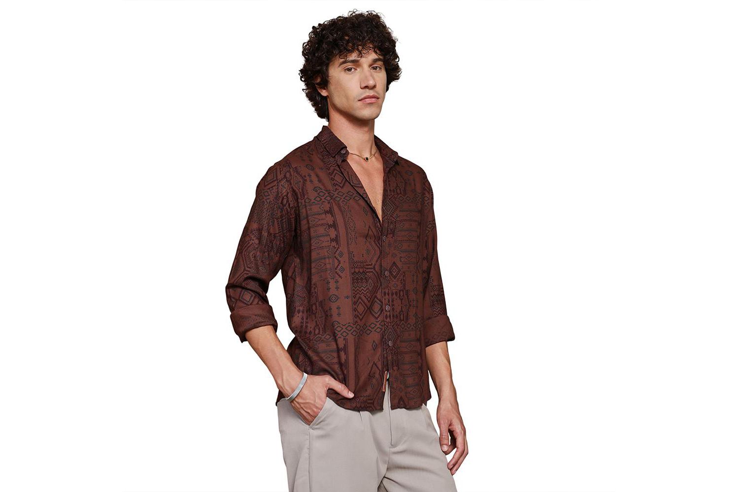 Men's Russet Brown Aztec-Imprint Shirt
