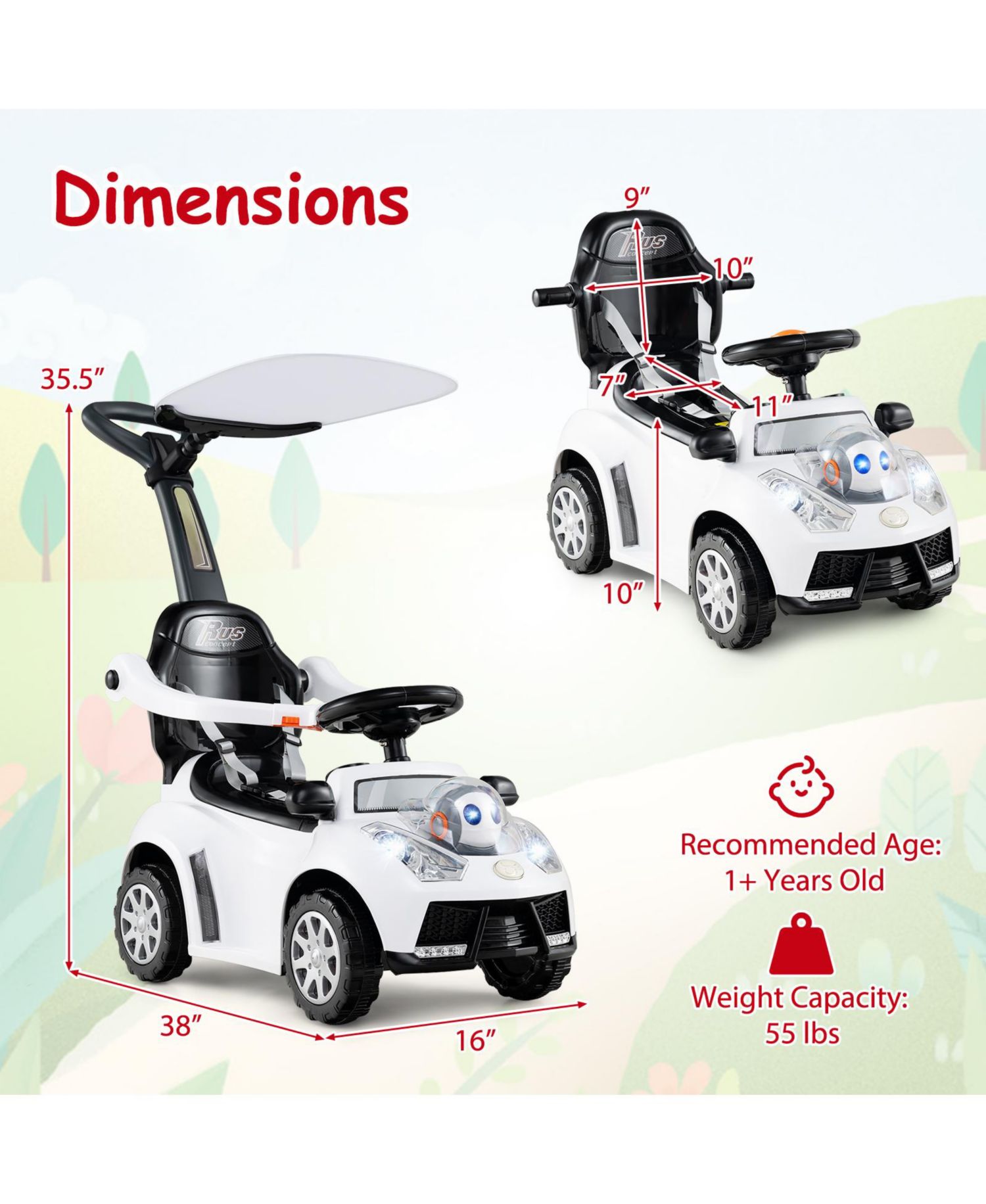 3-in-1 Sliding Walker w/ Adjustable Canopy Horn Music & Light for Boys & Girls