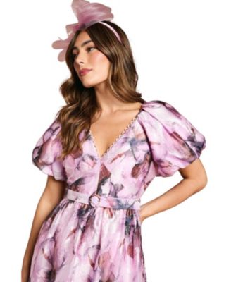 Women's Short Puff Sleeve Belted Midi Dress