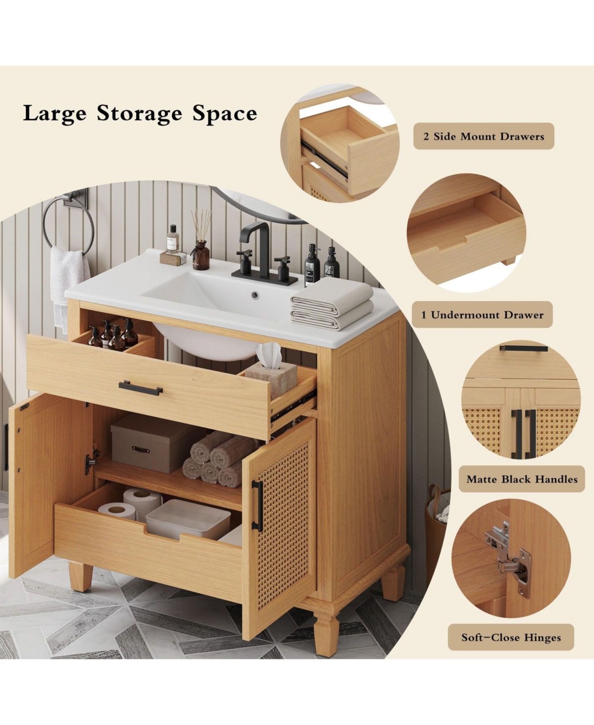 Boyel Living 36" Rattan Bathroom Vanity with Ceramic Sink, Soft-Close Doors & Large Storage, Free-Standing Solid Wood Design, Natural