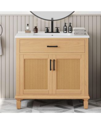 36" Rattan Bathroom Vanity with Ceramic Sink, Soft-Close Doors & Large Storage, Free-Standing Solid Wood Design, Natural