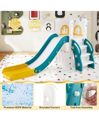 6-in-1 Toddler Slide L-shaped Playground with Basketball Hoop and Ladder