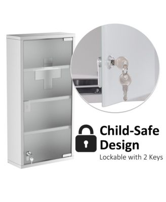 Wall Mounted Medicine Cabinet Locking Storage Cabinet with 4 Tier Shelves Stainless Steel Frame Glass Door