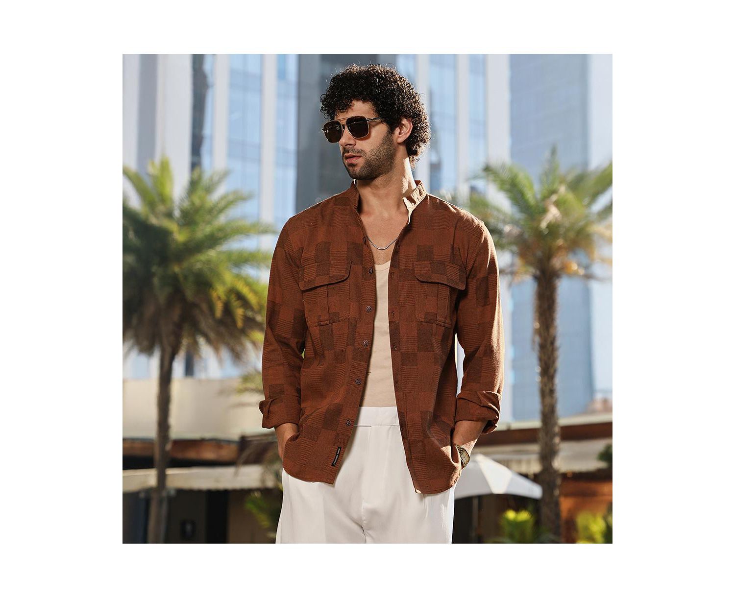 Men's Russet Brown Mandarin Utility Shirt