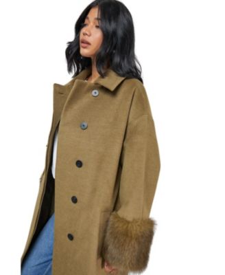 Women's Patch Pocket Faux Fur Cuff Maxi Coat