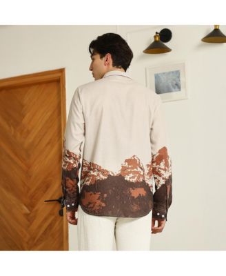 Men's Beige Rayon Shirt With Abstract Mountain Print