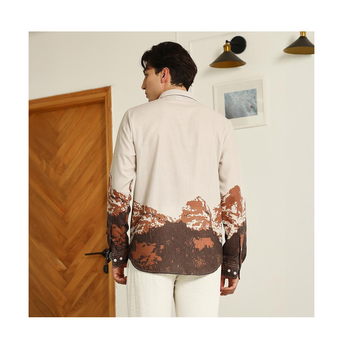Campus Sutra Men's Beige Rayon Shirt With Abstract Mountain Print