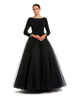Women's Embellished Jersey Long Sleeve Ballgown With Tulle Skirt